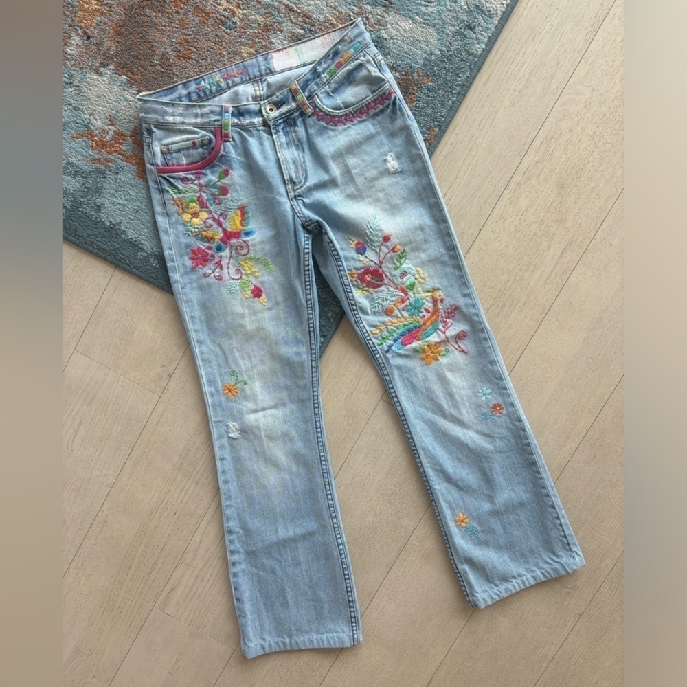 Vintage Light Blue Boot Cut Jeans with Multicolor Floral Embroidery